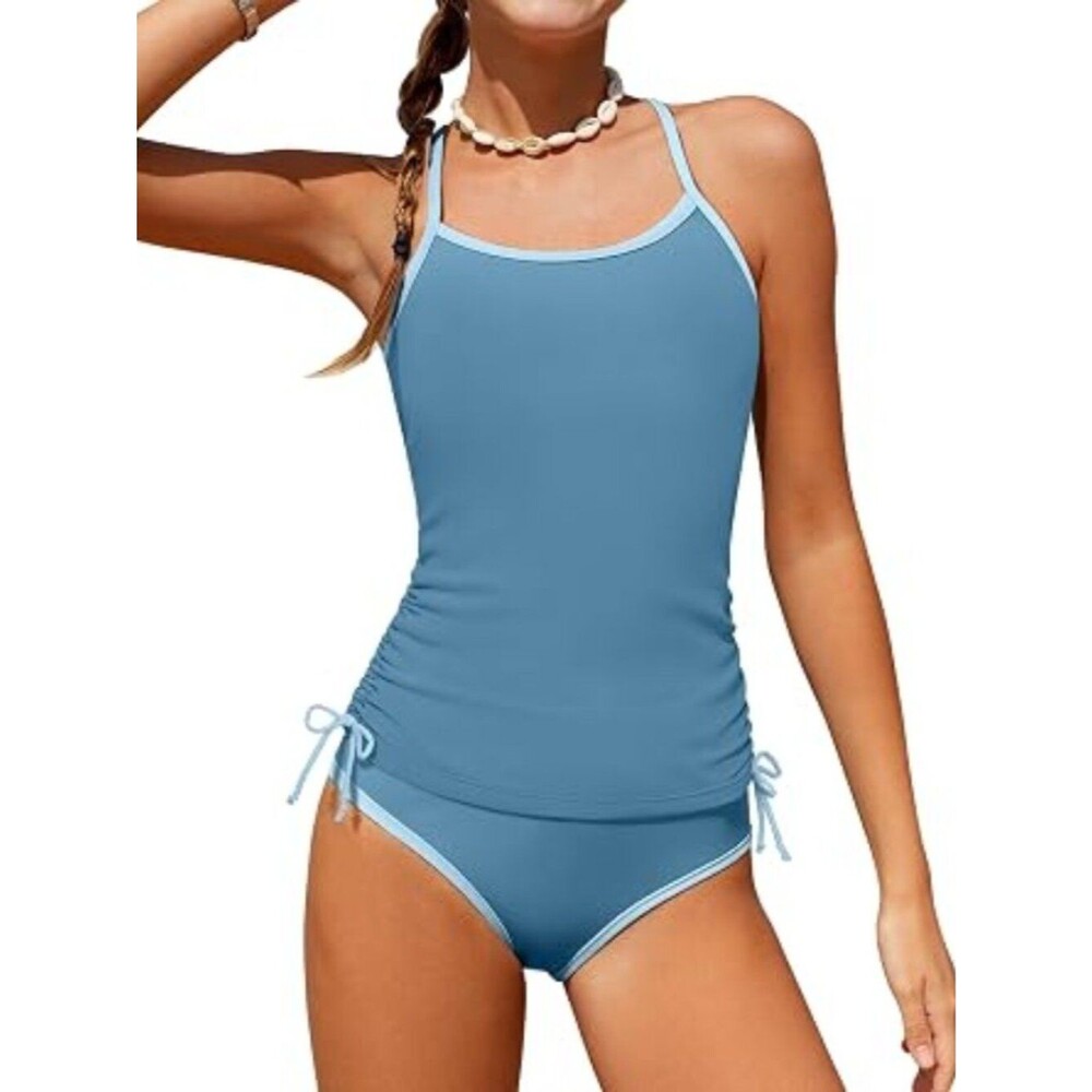 Girls Swimsuit Two Piece Cross-Back Straps Girls Tankini Contrast Trim 11-12Y